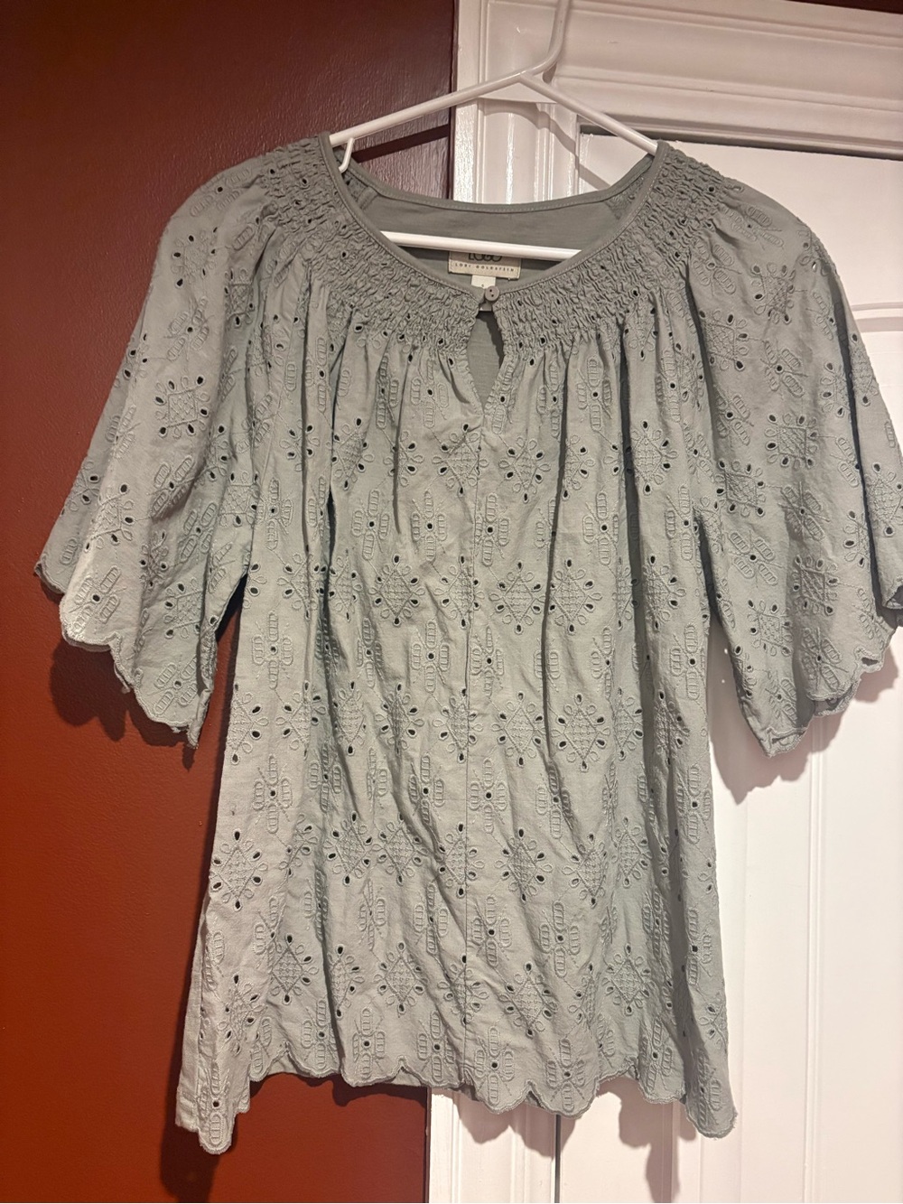 LOGO by Lori Goldstein Sage Eyelet Smocked Neck Blouse